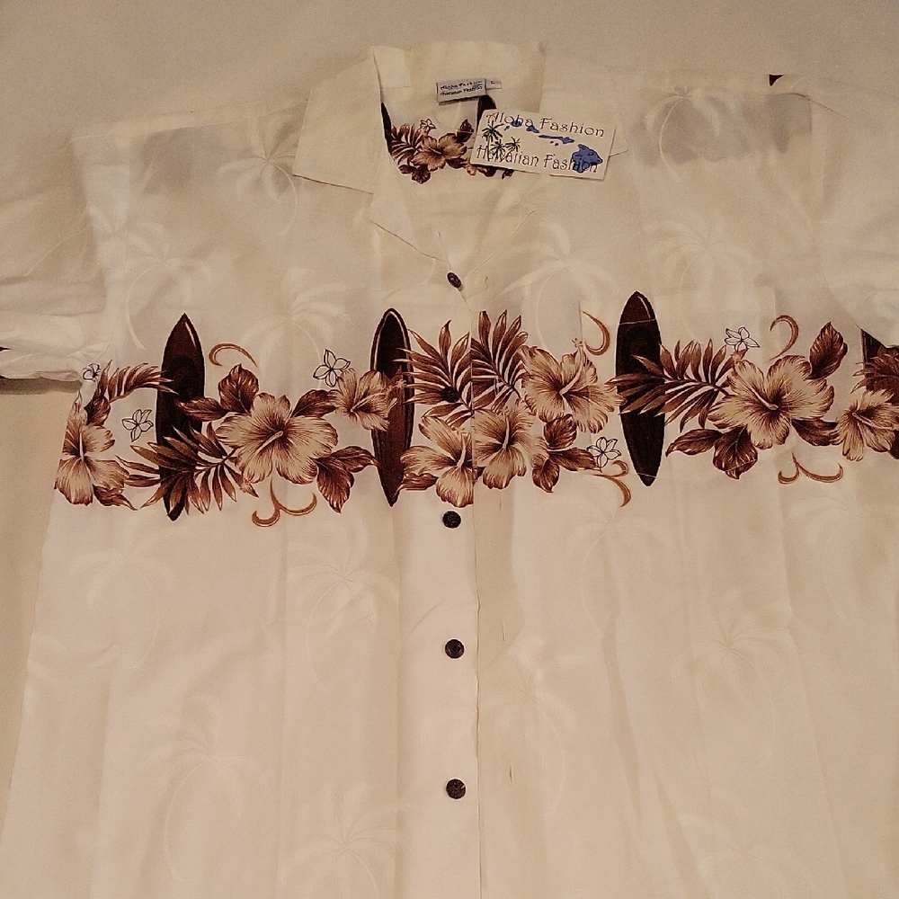 NWT Aloha Fashion Men's Cream and Brown Hawaiian Shirt Size L